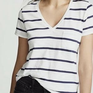 MADEWELL WHITE NAVY STRIPES V-NECK FRONT POCKET T-SHIRT TEE